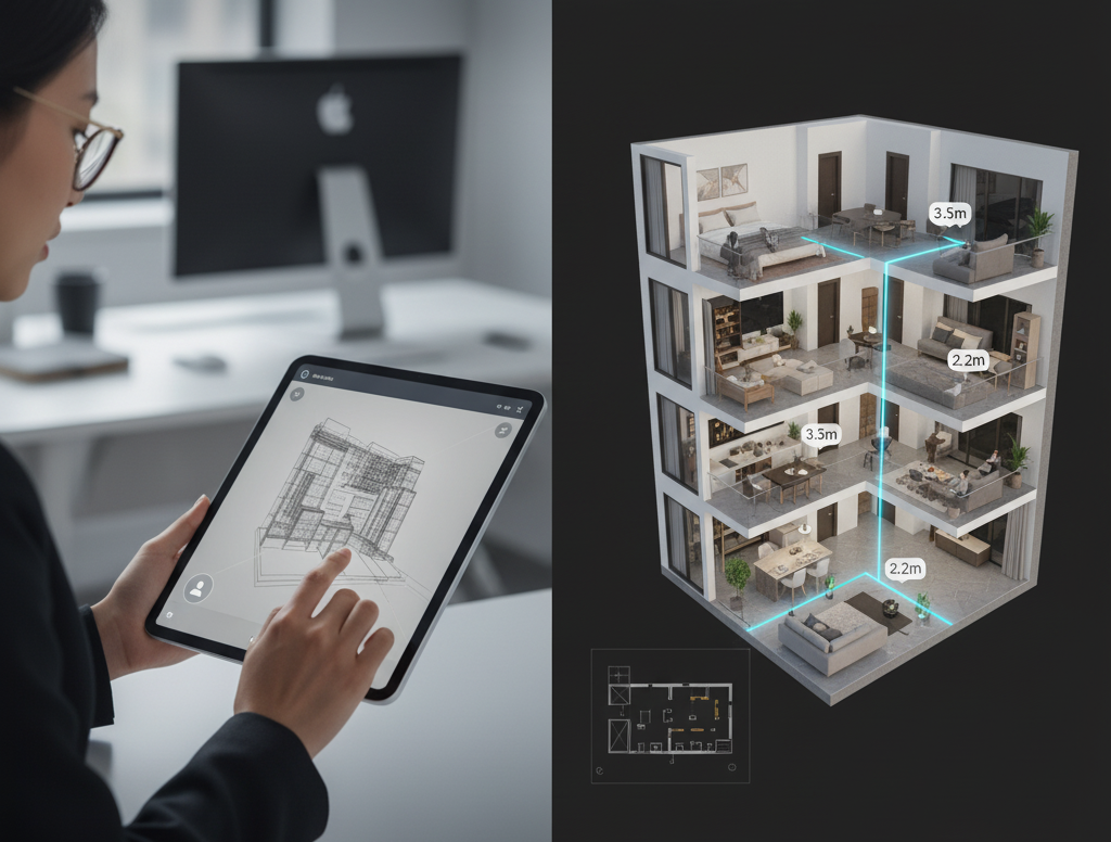 Surveyor using LiDAR equipment to scan an interior space.