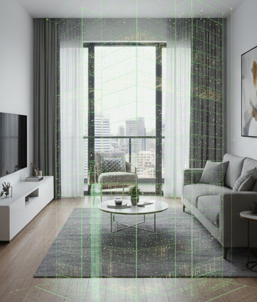 Virtual tour interface overlayed on a modern living room photo.