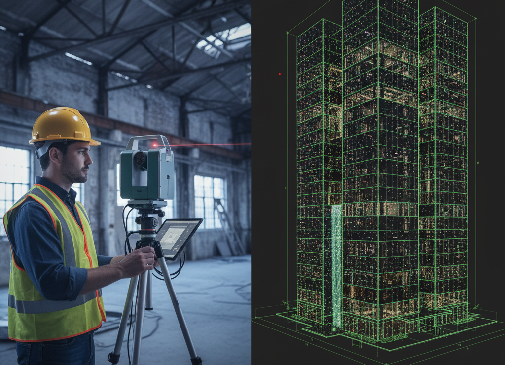 Construction professional using a tripod-mounted LiDAR scanner on a building site.